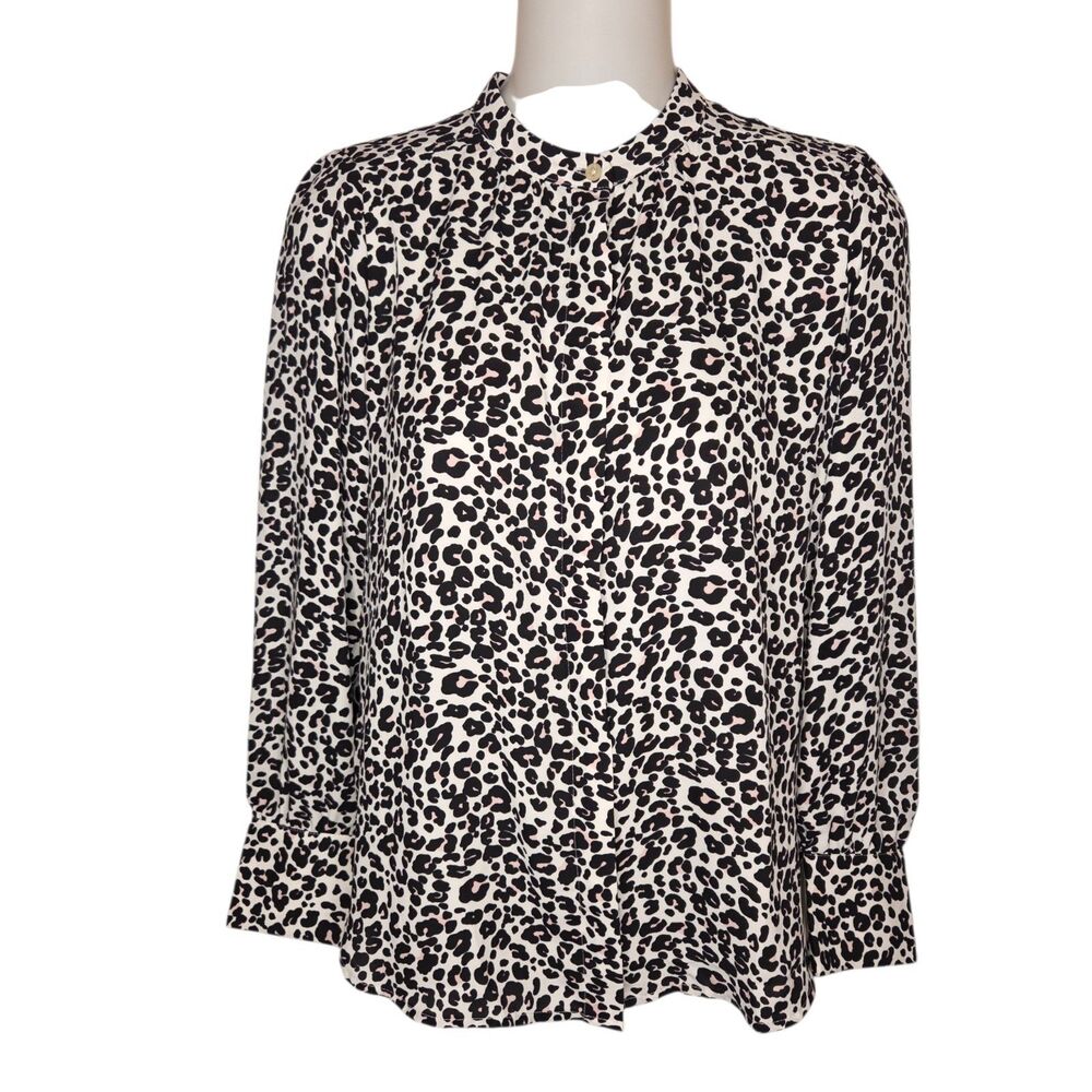 LOFT Petites XXSP Leopard Animal Print Button Front Blouse - Black/White/Pink